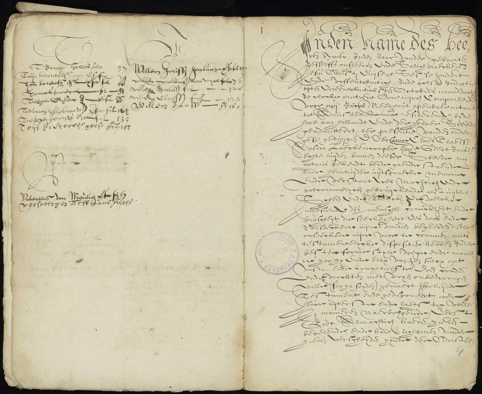 Testament van Claes Claesz Anslo en Geert Jansdr., 1625, fol. 1 — begin van het testament ("In den name des Heere, Amen...")