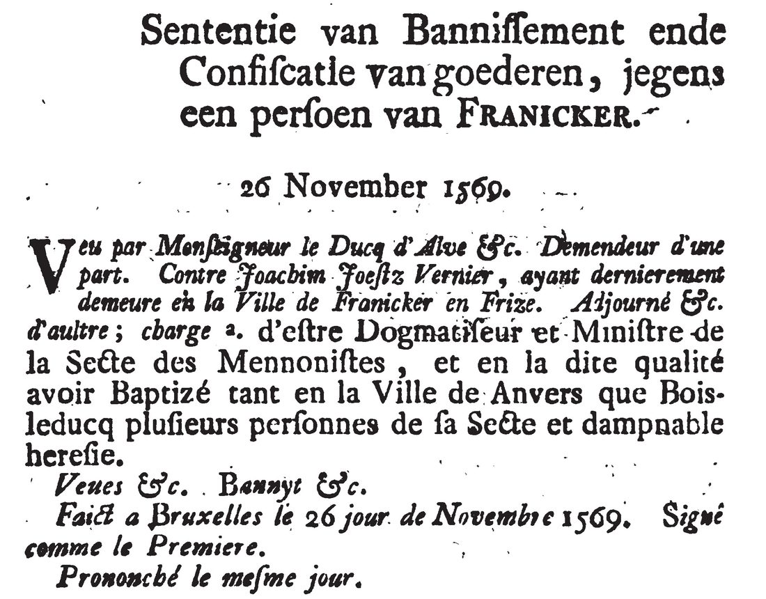Sententie van Banissement tegen een persoon van Franeker, 26 november 1569
