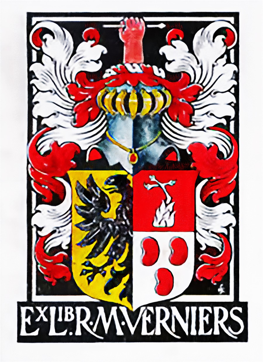 Ex libris R.M. Verniers met familiewapen, ontwerp Karel van den Sigtenhorst