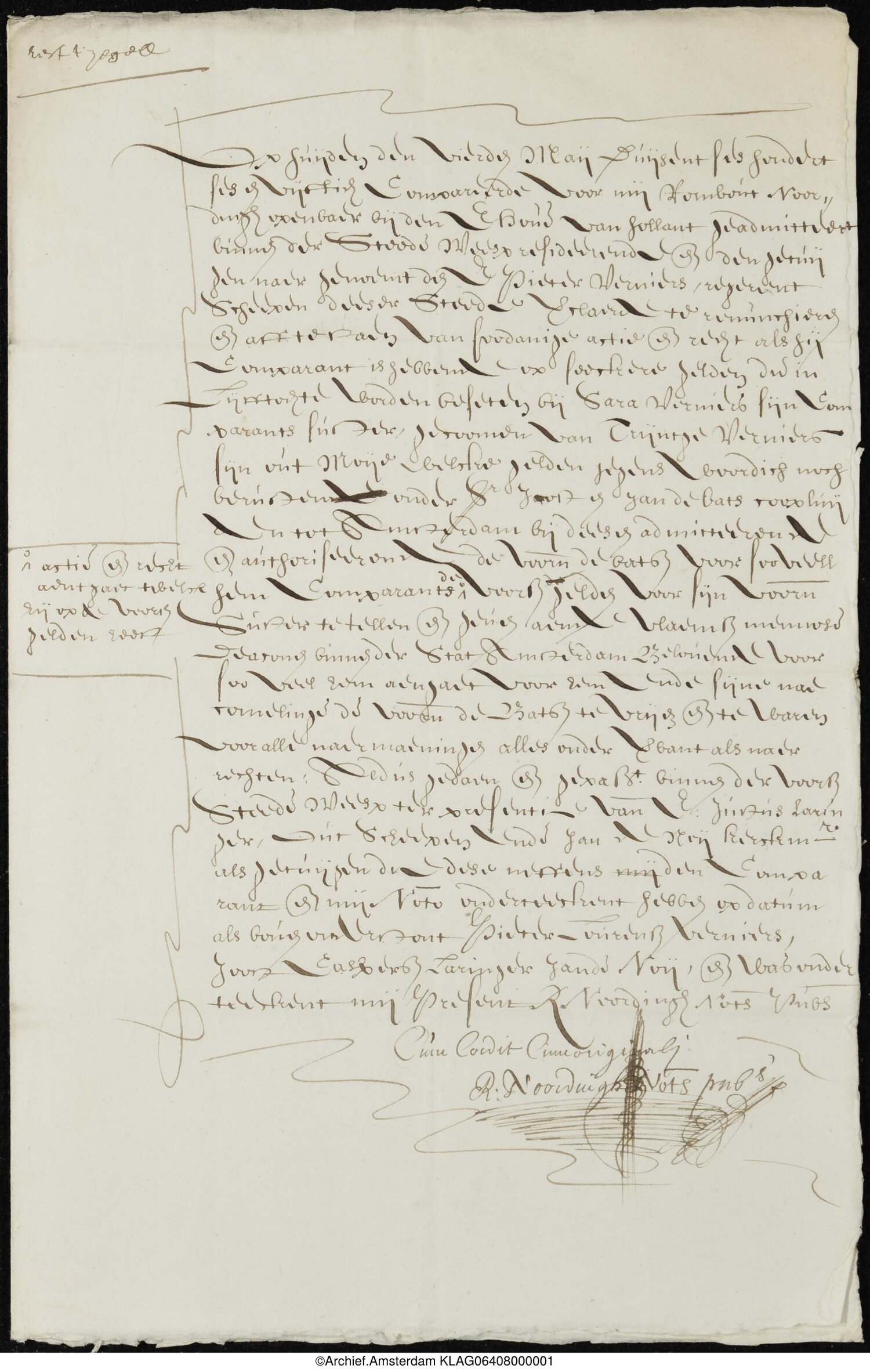 Akte van 1656 waarbij Pieter Lourensz Verniers afstand doet van zijn recht op de goederen van Trijntge Verniers, blad 1